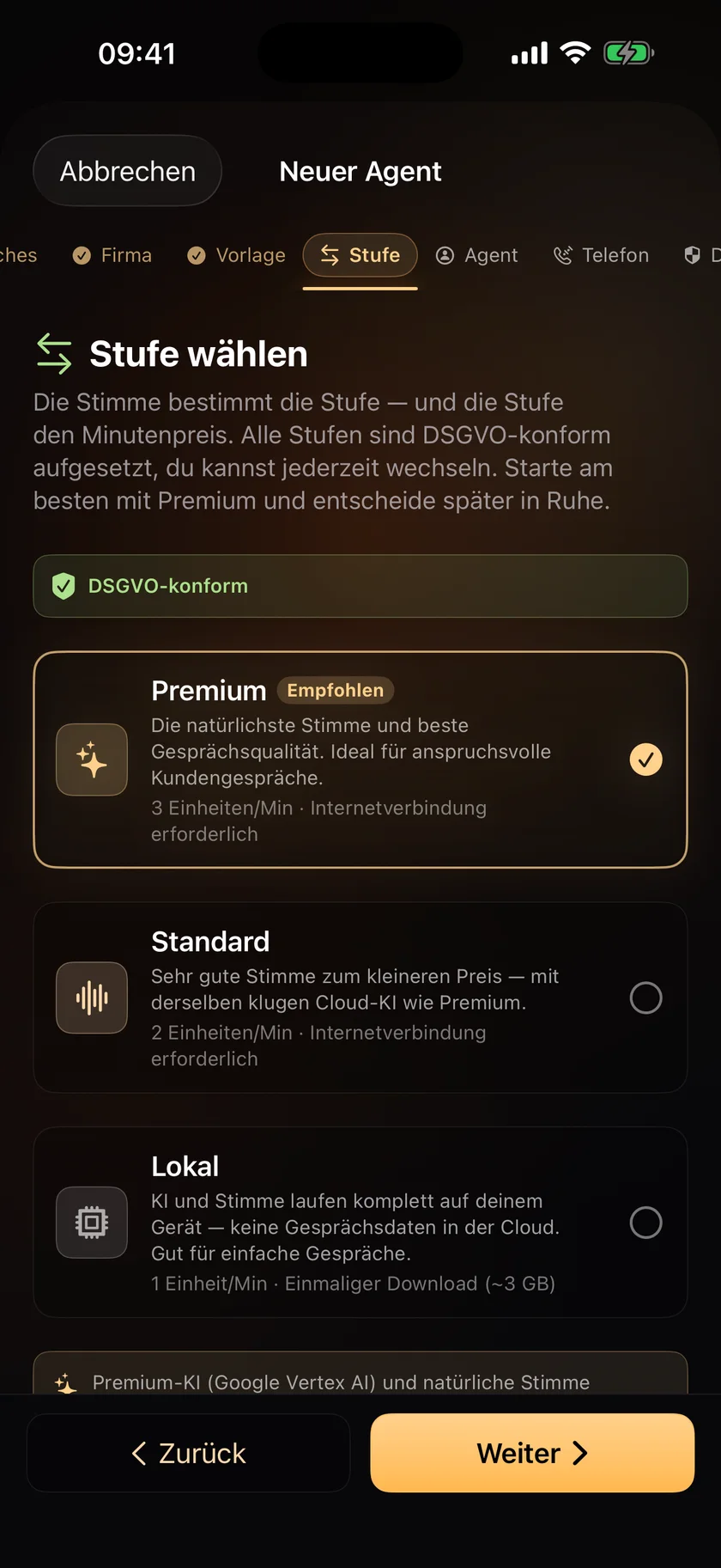 Qualitätsstufe pro Agent wählen